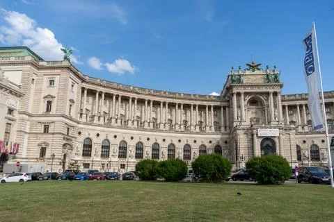 OSCE International Flags Array Displayed at Facade Entrance of Hofburg Neue Burg Stock Photos