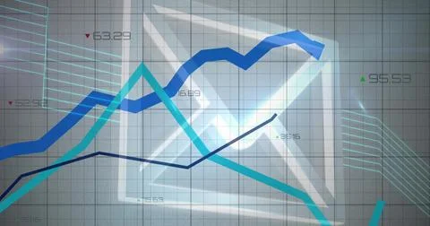 Oscillating financial chart on grid, showing colored trend lines, numeric arr Stock Photos
