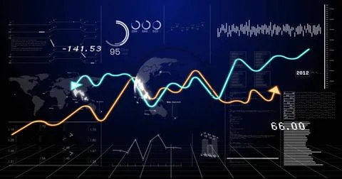 Oscillating neon line graphs traversing central globe on virtual dashboard, Stock Illustration