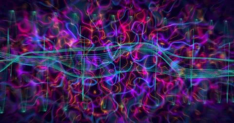 Oscillating teal dotted wave ribbons weaving across dark backdrop with neon Stock Illustration