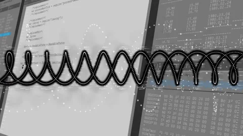 Oscillating waveform animation over computer code and data on screens Stock Footage 306228074