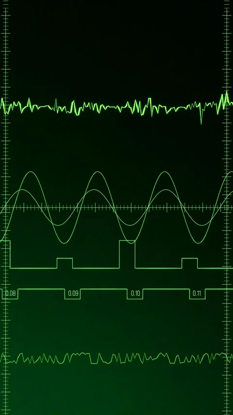 Oscillator, display, green radar, sine wave. Stock Footage 320123028