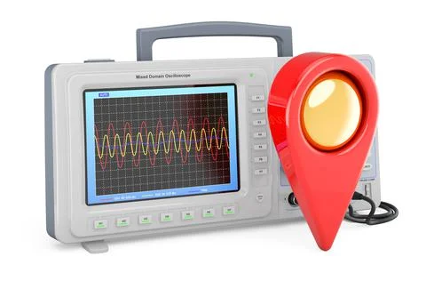 Oscilloscope with map pointer. 3D rendering Illustrazione stock