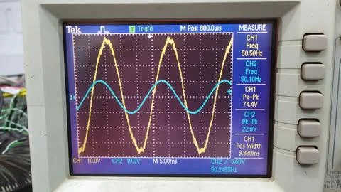 An oscilloscope output with two AC voltage waveforms Fotos de archivo