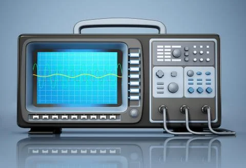 Oscilloscope standing on blue background. 3D illustration Stock Illustration