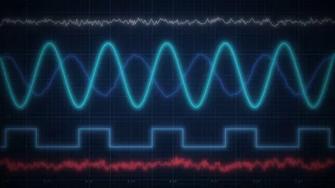 Oscilloscope waveforms moving on blue grid screen, glowing sine 스톡 동영상 347354881