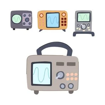 Oscilloscopes displaying waveforms flat cartoon illustration for electronics Stock Illustration