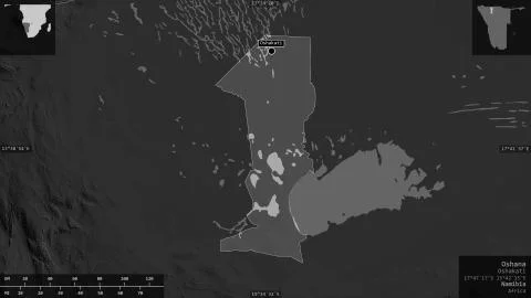 Oshana, Namibia. Grayscaled map with lakes and rivers Stock Illustration