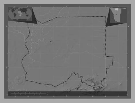 Oshikoto, Namibia. Bilevel elevation map with lakes and rivers Stock Illustration