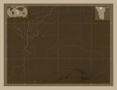 Oshikoto, Namibia. Elevation map colored in sepia tones with lakes and rivers Illustrazione stock