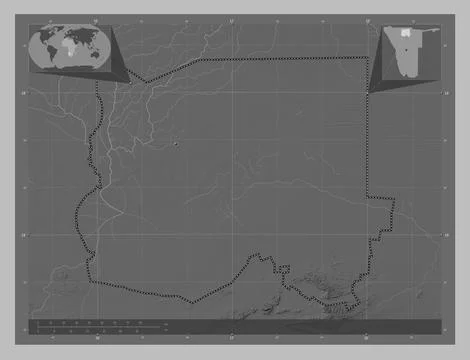 Oshikoto, Namibia. Grayscale elevation map with lakes and rivers Stock Illustration