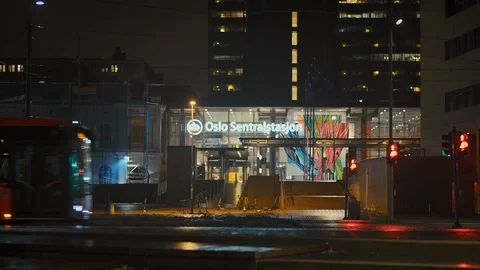 Oslo Central Station at night Stock Footage 124756109