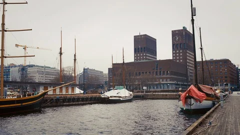 Oslo City Hall with docks Stock Footage 124748767