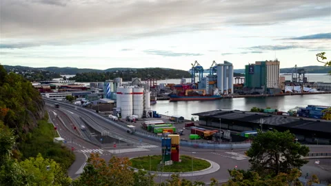 Oslo containers port still timelapse with cranes and highway traffic Stock Footage 230112725