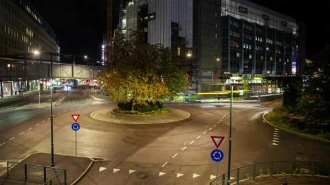 Oslo downtown Light trails traffic flow at the roundabout timelapse Stock Footage 231042168
