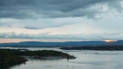Oslo evening landscape skyline cloudscape time-lapse inlet, Wealth resort island Stock Footage 233663977