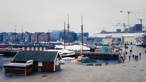 Oslo harbor, docks with buildings Stock Footage 124746542