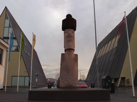Oslo, Norway - Easter Island monolith in front of Kon-Tiki museum Stock Footage
