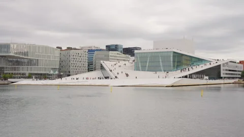 Oslo Opera House and Deichman Library Exterior Wide View Stock Footage 343447083