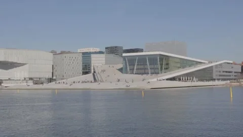 Oslo Opera House and Modern Waterfront Architecture Viewed from Fjord 库存影片 340960220