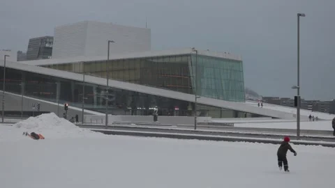 Oslo Opera House Architecture on a Cloudy and Snowy Winter Day, Norway Stock Footage 338413226