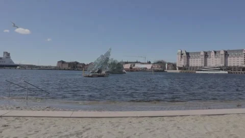 Oslo Opera House Beach and Floating Harbor Sculpture Stock Footage 340959995