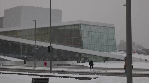 Oslo Opera House Modern Architecture Covered in Snow on a Winter Day, Norway Stock Footage 338412413