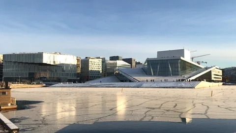 Oslo opera house view with ice on water Stock-Footage 100879283