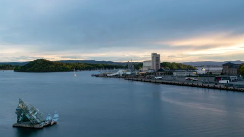 Oslo ship docking, Seafront Port Services, sunset bay Harbor timelapse Stock Footage 230115001
