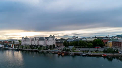 Oslo Sunset bay daytime timelapse cityscape Norway Modern Architecture Video stock 230114989