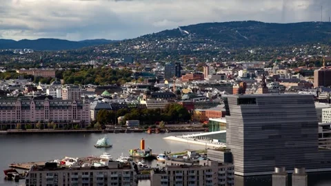 Oslo Urban Landscape: Rain Clouds and Skyscrapers in UHD Stock Footage 308194688
