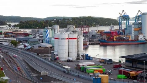 Oslo Urban Landscape Timelapse Featuring Yilport Inlet Shipping Operations Stock Footage 308193872