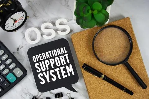 OSS Operational Support System text with Calculator, alarm clock and magnif.. 스톡 사진