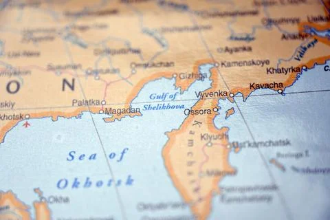 Ossora on World Map with Soft Blurred Background  Kamchatka Arctic Settleme.. Stock Photos
