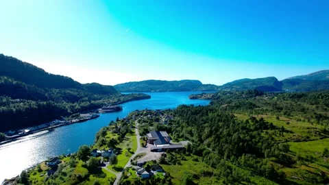 Osteroy-4K Aerial drone flight Reverse view Norway-Fotlandsvag Sognfjord Stock Footage 200895641