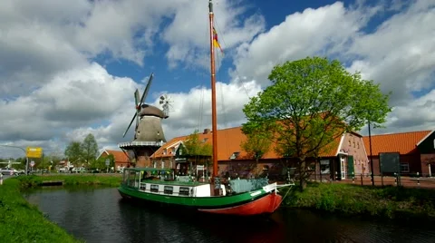Ostgrossefehn, ship and windmill Stock Footage 58325927