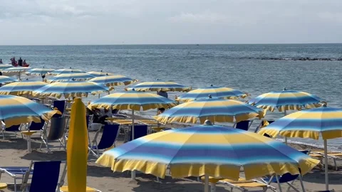 Ostia view of coast with beach umbrellas, Lido di Ostia, Roma Italy. Stock Footage 340335959