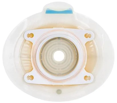 Ostomy base plate with sealed key for securing urine or stool collection bag Stock Photos