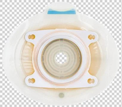 Ostomy base plate with sealed key for securing urine or stool collection bag Stock Photos