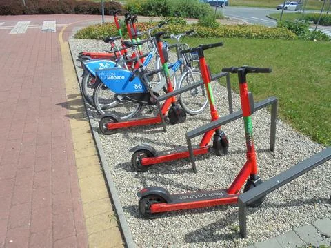 Ostrava electromobility: shared bikes and electric scooters to rent. Stock Photos