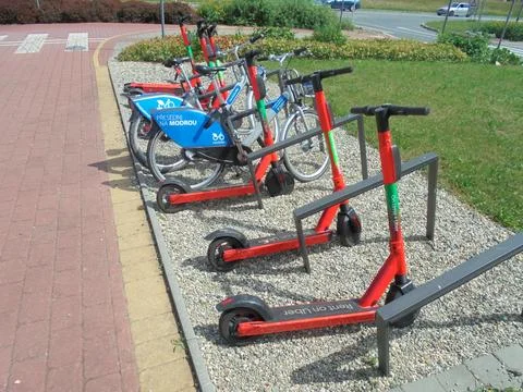 Ostrava electromobility: shared bikes and electric scooters to rent. Stock Photos