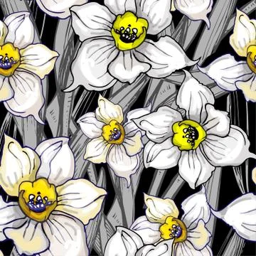 Otanical seamless pattern with hand drawn flowers daffodils Illustrazione stock