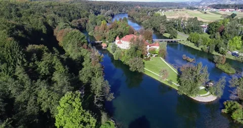 Otočec Castle surrounded by river and park, Slovenia, Stock Footage 326200032
