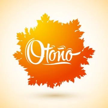 Otono, Autumn spanish text, vector lettering design with leaf background. Stock Illustration