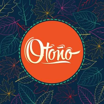 Otono, Autumn spanish text, vector lettering design with leaf background. Stock Illustration