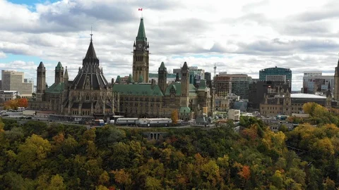 Ottawa Canada rotating view of parliament hill in the fall Stock Footage