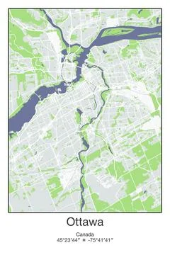 Ottawa, Canada - vector map of city in Gray, Blue, Green, White colors Stock Illustration