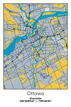 Ottawa, Canada - vector map of city in Blue, Gray, Yellow, Olive colors Stock Illustration