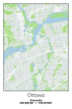 Ottawa Center, Canada - vector map of city in Gray, white, green, blue colors Stock Illustration