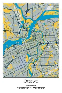 Ottawa Center, Canada - vector map of city in Blue, Gray, Yellow, Olive colors Stock Illustration